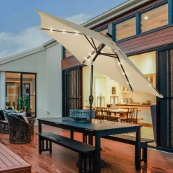 9FT Solar Powered LED Lighted Patio Umbrella, Table Market Umbrella with Tilt and Crank