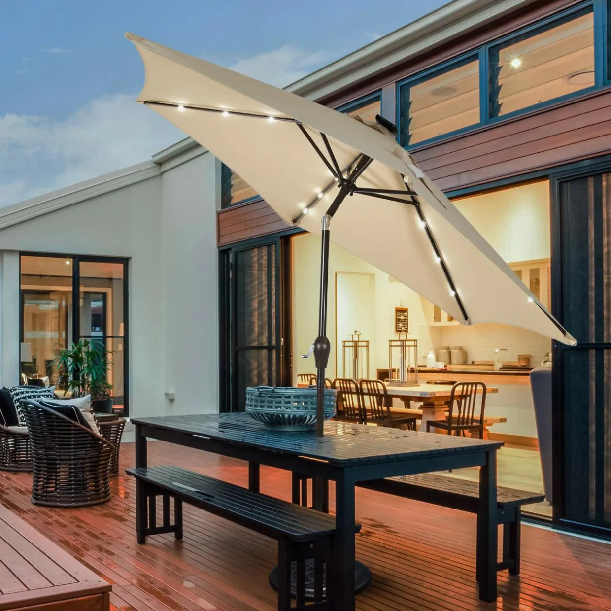 9FT Solar Powered LED Lighted Patio Umbrella, Table Market Umbrella with Tilt and Crank