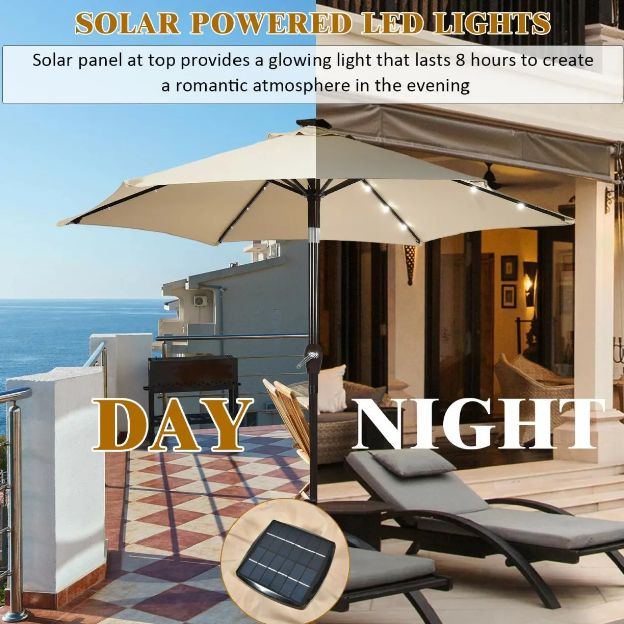 9FT Solar Powered LED Lighted Patio Umbrella, Table Market Umbrella with Tilt and Crank