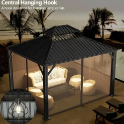 12ft x 10ft Hardtop Gazebo, 2-Tier Outdoor Gazebo w/ Double Vented Roof & Central Hook