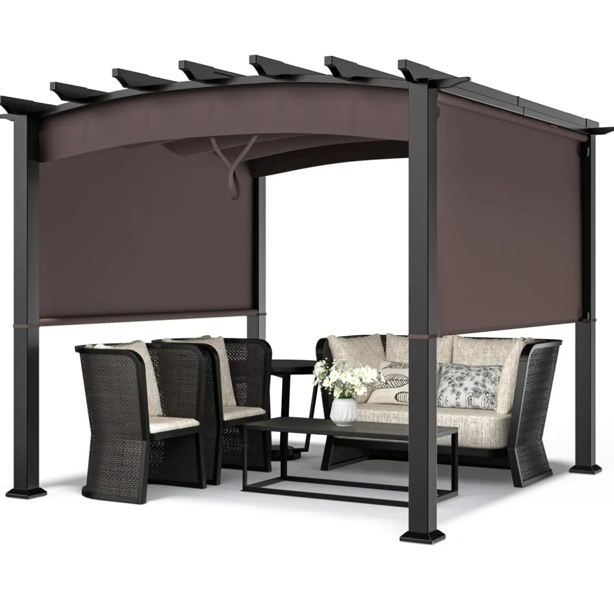 10ft x 10ft Outdoor Retractable Pergola, Patio Metal Pergola with Adjustable Sliding Sun Shade Canopy