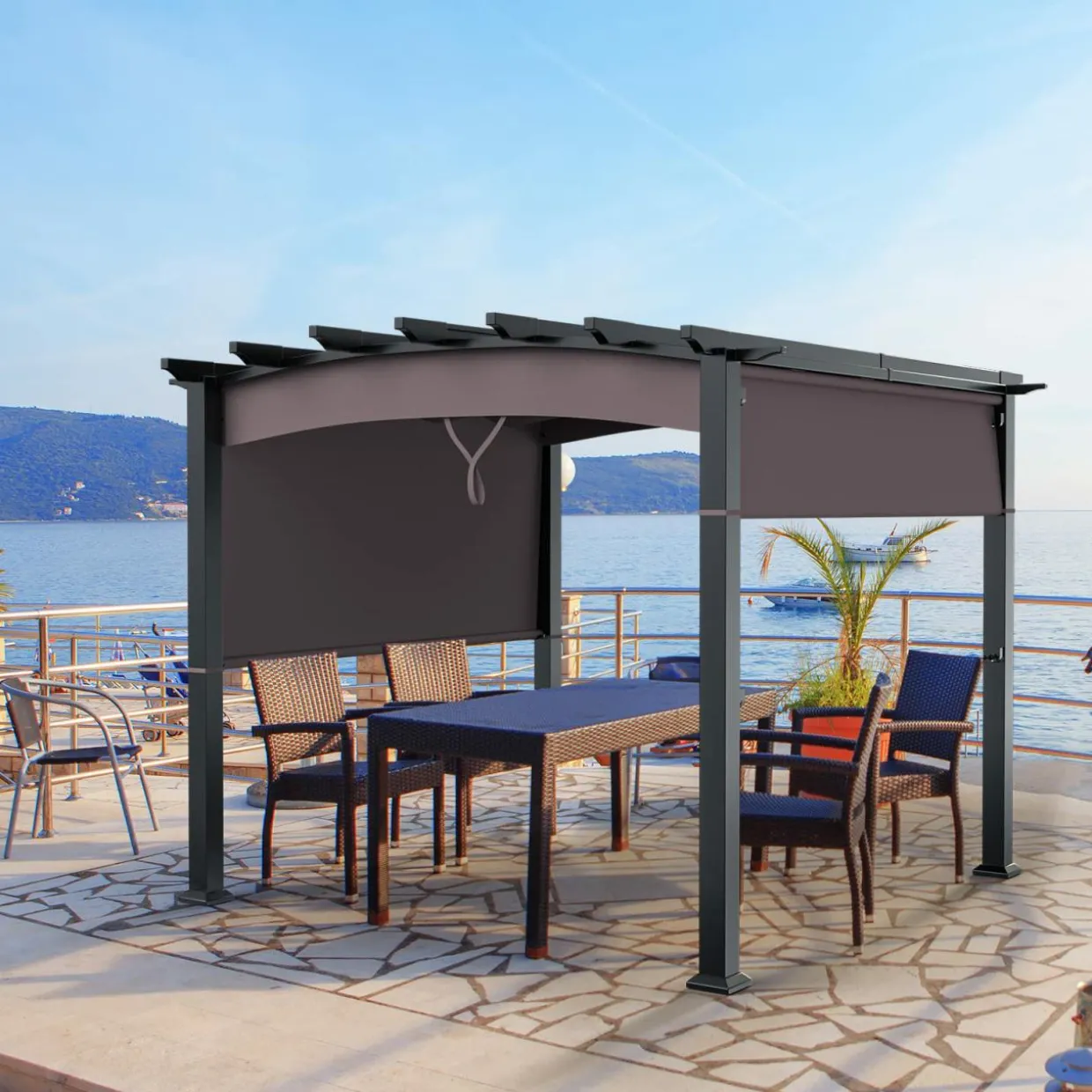 10ft x 10ft Outdoor Retractable Pergola, Patio Metal Pergola with Adjustable Sliding Sun Shade Canopy