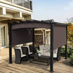 10ft x 10ft Outdoor Retractable Pergola, Patio Metal Pergola with Adjustable Sliding Sun Shade Canopy