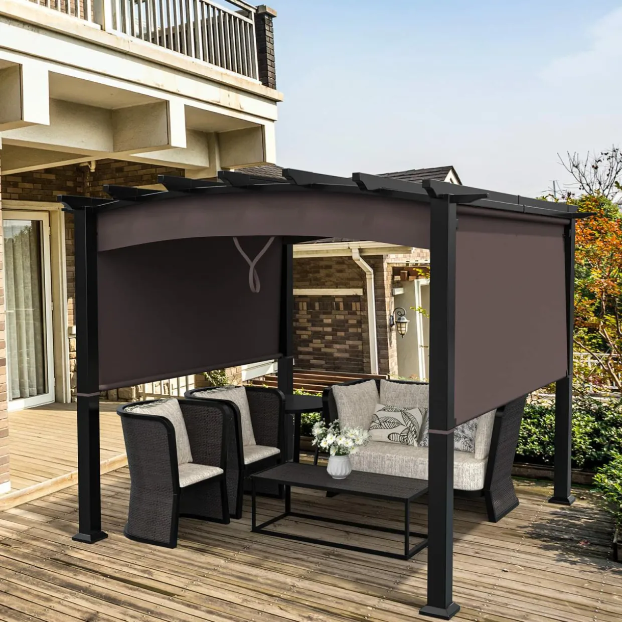 10ft x 10ft Outdoor Retractable Pergola, Patio Metal Pergola with Adjustable Sliding Sun Shade Canopy