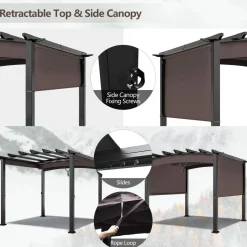 10ft x 10ft Outdoor Retractable Pergola, Patio Metal Pergola with Adjustable Sliding Sun Shade Canopy