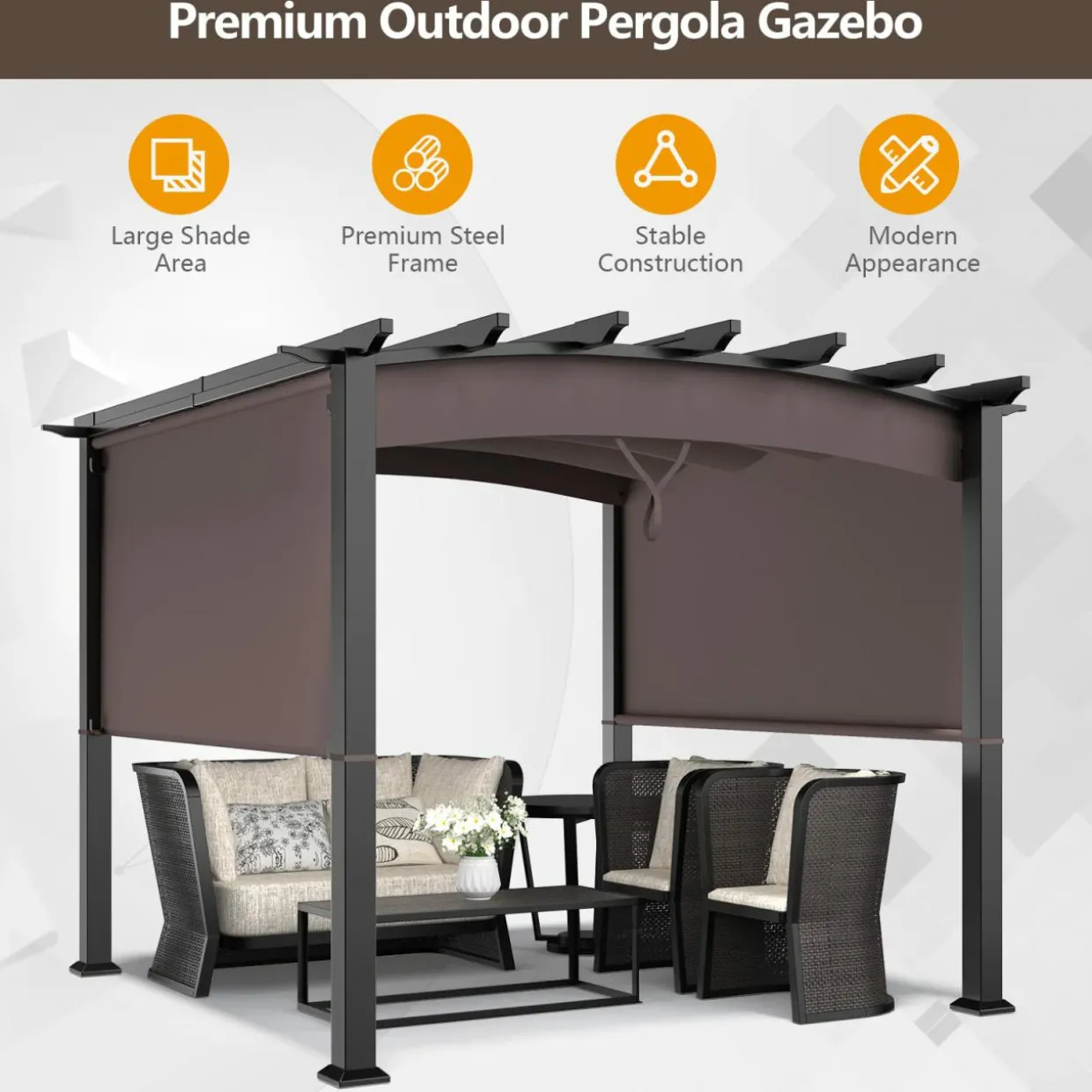 10ft x 10ft Outdoor Retractable Pergola, Patio Metal Pergola with Adjustable Sliding Sun Shade Canopy
