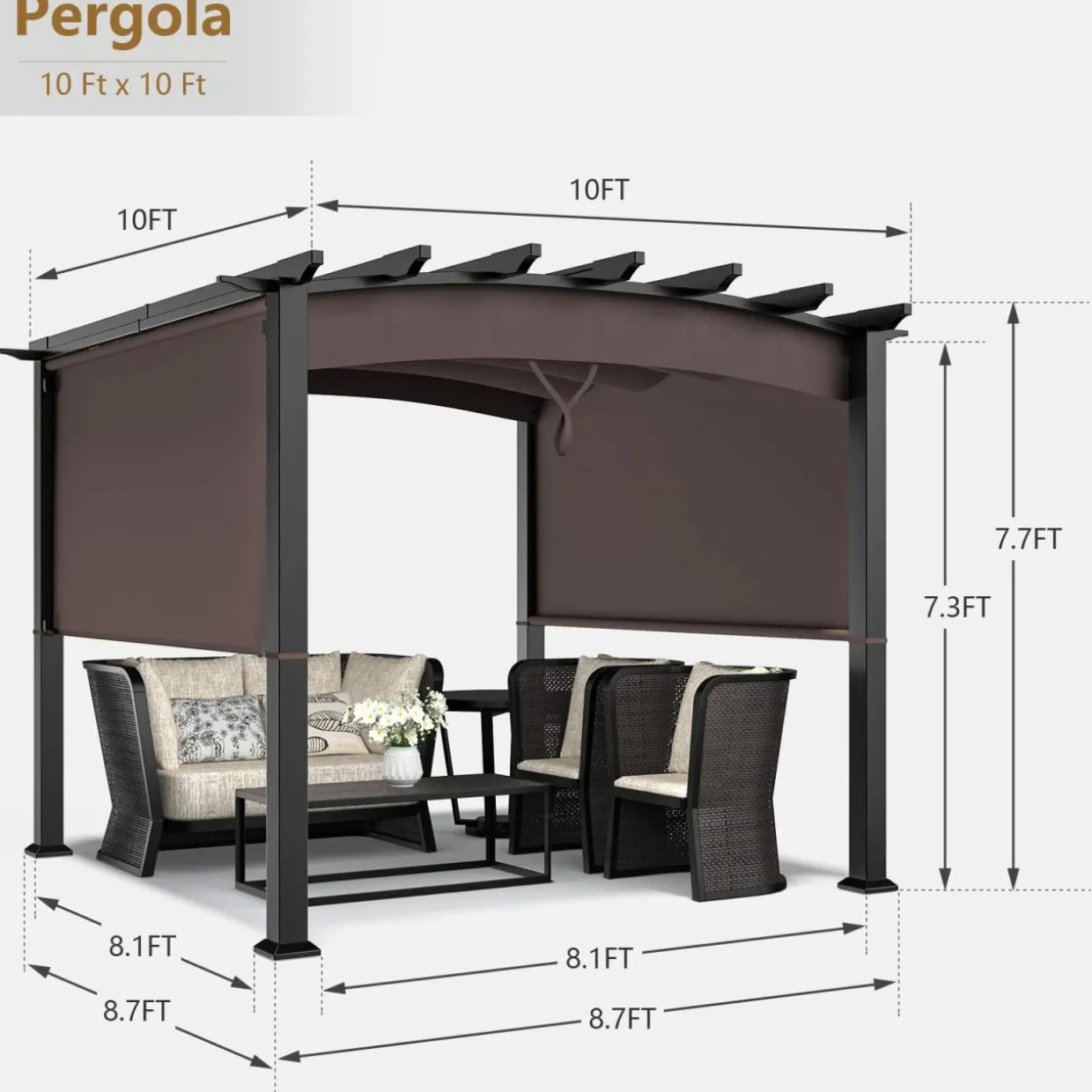 10ft x 10ft Outdoor Retractable Pergola, Patio Metal Pergola with Adjustable Sliding Sun Shade Canopy