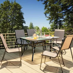 Furniture Set, Outdoor Furniture Set with 6 Stackable Armchairs, 55 Inches Dining Table with 1.5 Inches Umbrella Hole
