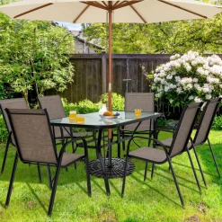 Furniture Set, Outdoor Furniture Set with 6 Stackable Armchairs, 55 Inches Dining Table with 1.5 Inches Umbrella Hole