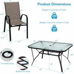 Furniture Set, Outdoor Furniture Set with 6 Stackable Armchairs, 55 Inches Dining Table with 1.5 Inches Umbrella Hole