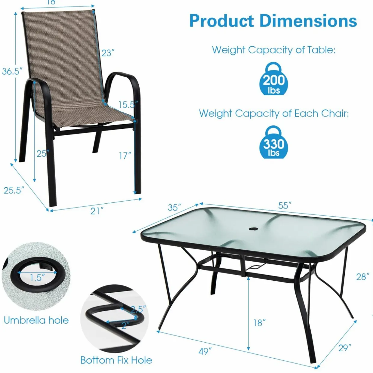 Furniture Set, Outdoor Furniture Set with 6 Stackable Armchairs, 55 Inches Dining Table with 1.5 Inches Umbrella Hole