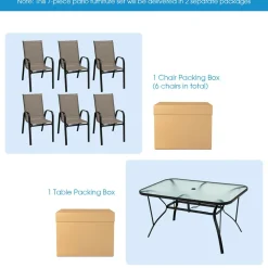 Furniture Set, Outdoor Furniture Set with 6 Stackable Armchairs, 55 Inches Dining Table with 1.5 Inches Umbrella Hole