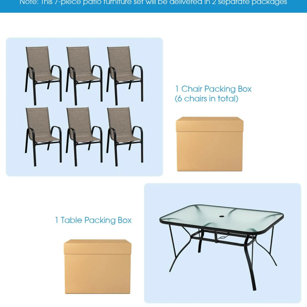 Furniture Set, Outdoor Furniture Set with 6 Stackable Armchairs, 55 Inches Dining Table with 1.5 Inches Umbrella Hole