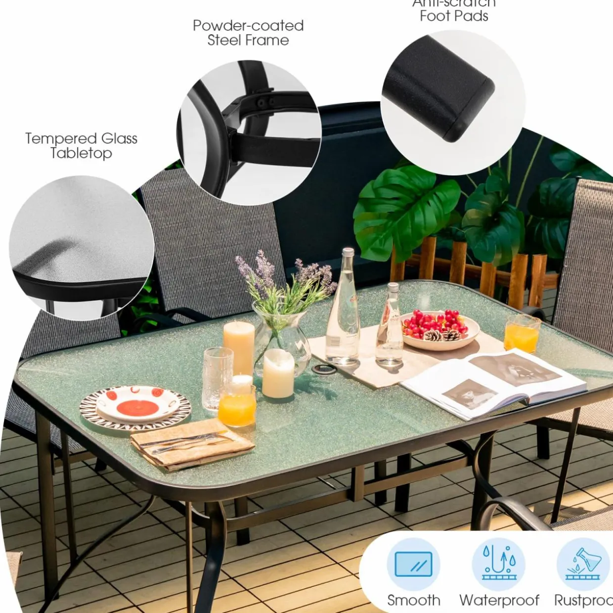 Furniture Set, Outdoor Furniture Set with 6 Stackable Armchairs, 55 Inches Dining Table with 1.5 Inches Umbrella Hole