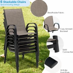 Furniture Set, Outdoor Furniture Set with 6 Stackable Armchairs, 55 Inches Dining Table with 1.5 Inches Umbrella Hole