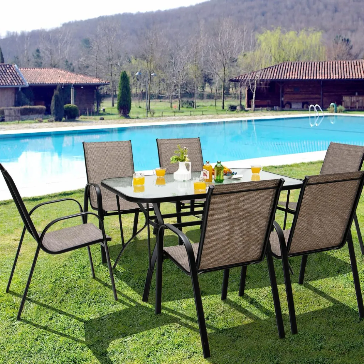 Furniture Set, Outdoor Furniture Set with 6 Stackable Armchairs, 55 Inches Dining Table with 1.5 Inches Umbrella Hole