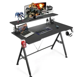 Gaming Desk, Ergonomic Computer Desk w/Monitor Shelf, Game Handle Rack, Cup Holder