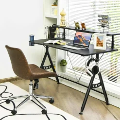 Gaming Desk, Ergonomic Computer Desk w/Monitor Shelf, Game Handle Rack, Cup Holder