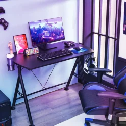 Gaming Desk, Ergonomic Home Office Computer Desk with Cup Holder & Headphone Hook