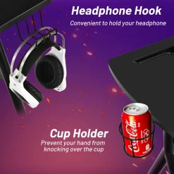 Gaming Desk, Ergonomic Home Office Computer Desk with Cup Holder & Headphone Hook