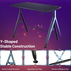 Gaming Desk, Ergonomic Home Office Computer Desk with Cup Holder & Headphone Hook