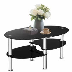Glass Coffee Table, 2-Tier Modern Oval Smooth Glass Tea Table End Table
