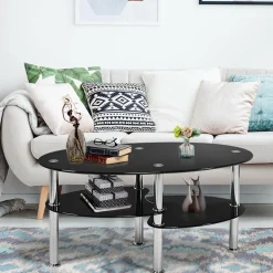 Glass Coffee Table, 2-Tier Modern Oval Smooth Glass Tea Table End Table