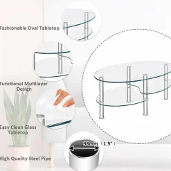 Glass Coffee Table, 2-Tier Modern Oval Smooth Glass Tea Table End Table