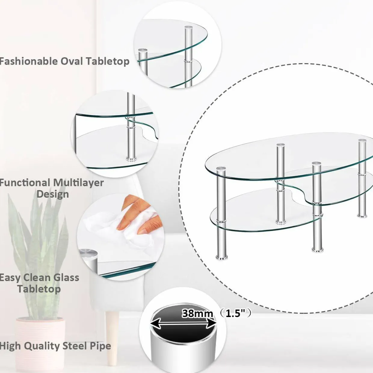 Glass Coffee Table, 2-Tier Modern Oval Smooth Glass Tea Table End Table