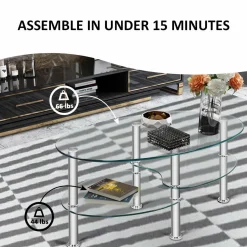 Glass Coffee Table, 2-Tier Modern Oval Smooth Glass Tea Table End Table