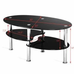 Glass Coffee Table, 2-Tier Modern Oval Smooth Glass Tea Table End Table