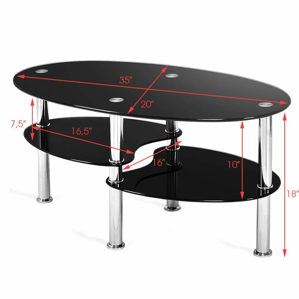 Glass Coffee Table, 2-Tier Modern Oval Smooth Glass Tea Table End Table