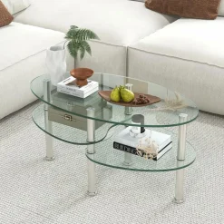 Glass Coffee Table, 2-Tier Modern Oval Smooth Glass Tea Table End Table