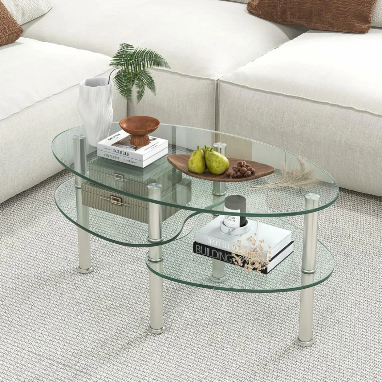Glass Coffee Table, 2-Tier Modern Oval Smooth Glass Tea Table End Table