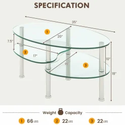 Glass Coffee Table, 2-Tier Modern Oval Smooth Glass Tea Table End Table