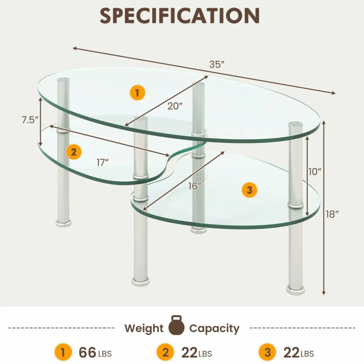 Glass Coffee Table, 2-Tier Modern Oval Smooth Glass Tea Table End Table