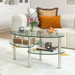 Glass Coffee Table, 2-Tier Modern Oval Smooth Glass Tea Table End Table