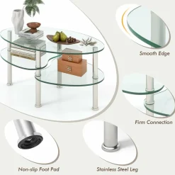 Glass Coffee Table, 2-Tier Modern Oval Smooth Glass Tea Table End Table