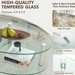 Glass Coffee Table, 2-Tier Modern Oval Smooth Glass Tea Table End Table