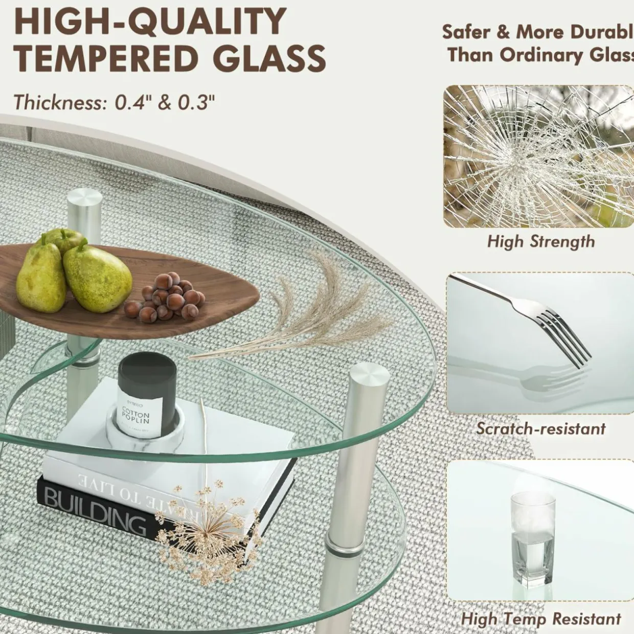Glass Coffee Table, 2-Tier Modern Oval Smooth Glass Tea Table End Table