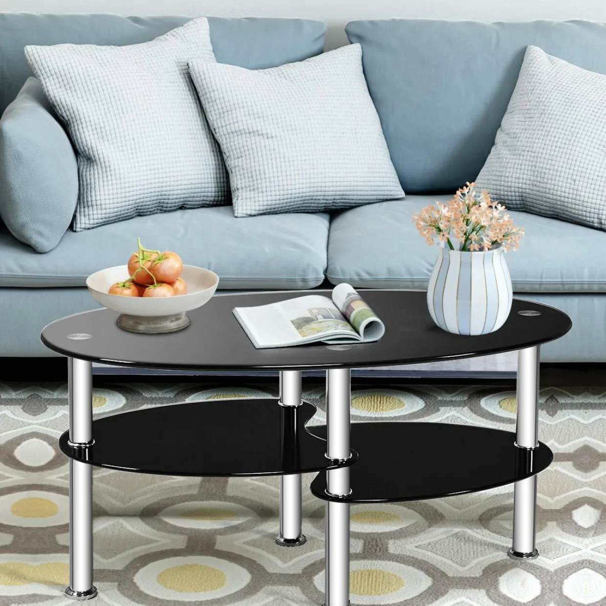 Glass Coffee Table, 2-Tier Modern Oval Smooth Glass Tea Table End Table