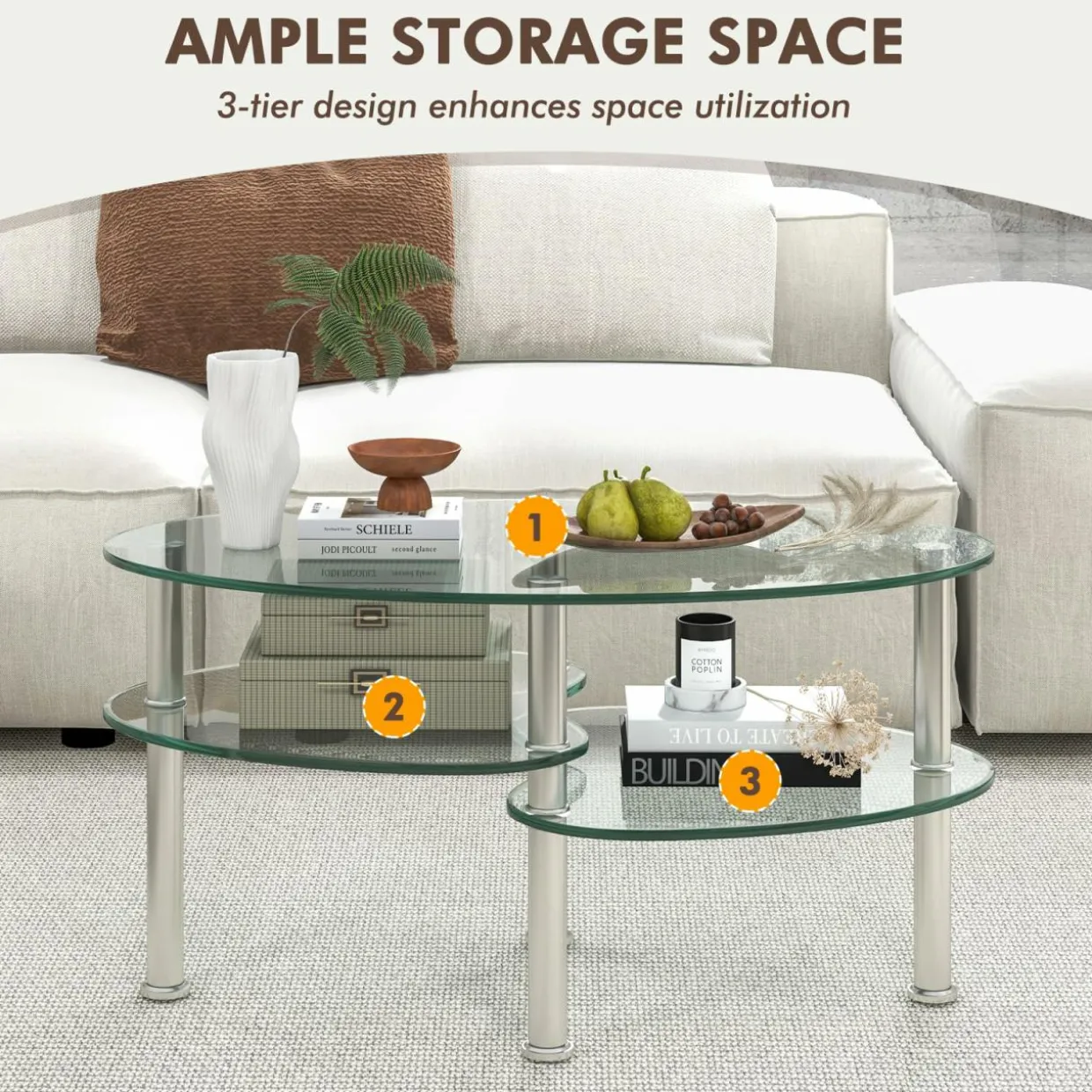 Glass Coffee Table, 2-Tier Modern Oval Smooth Glass Tea Table End Table