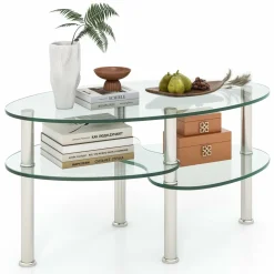Glass Coffee Table, 2-Tier Modern Oval Smooth Glass Tea Table End Table