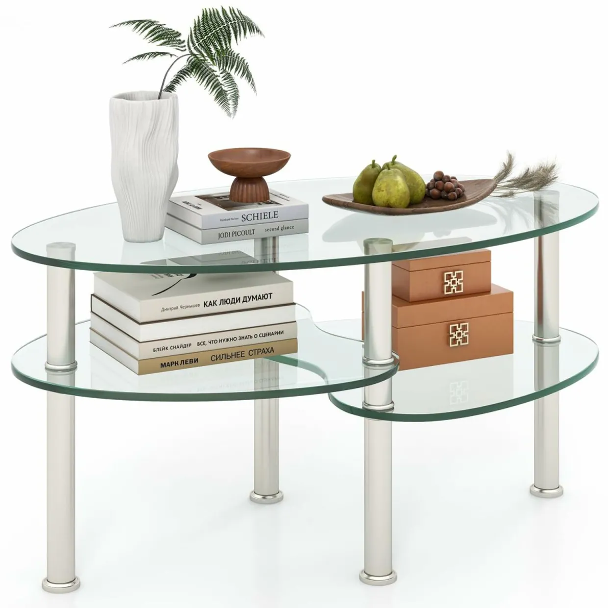 Glass Coffee Table, 2-Tier Modern Oval Smooth Glass Tea Table End Table