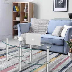Glass Coffee Table, 2-Tier Modern Oval Smooth Glass Tea Table End Table