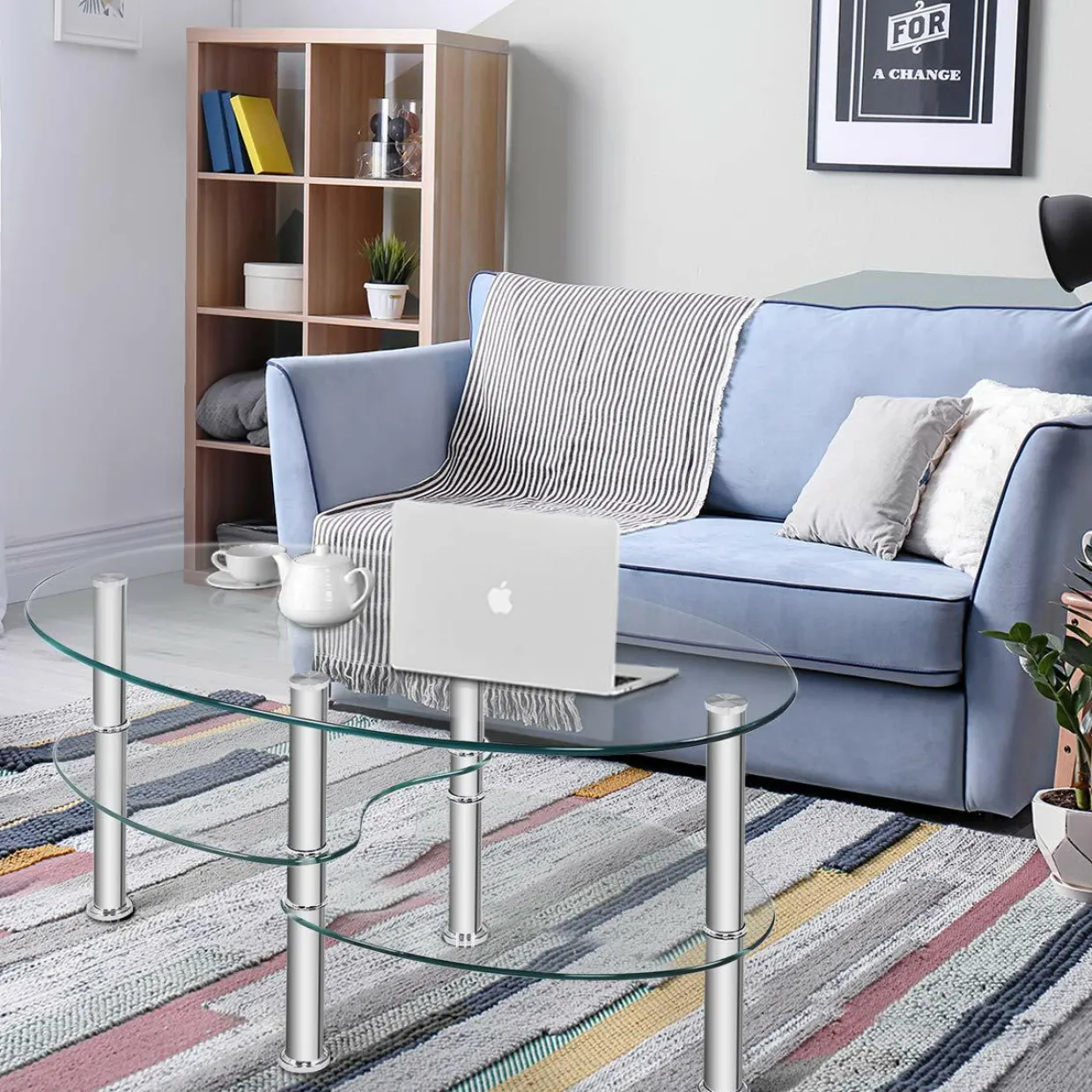 Glass Coffee Table, 2-Tier Modern Oval Smooth Glass Tea Table End Table