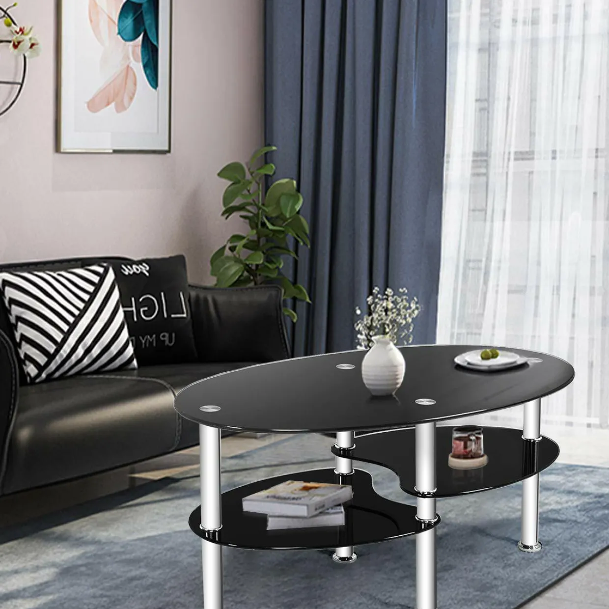 Glass Coffee Table, 2-Tier Modern Oval Smooth Glass Tea Table End Table