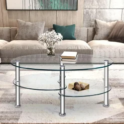 Glass Coffee Table, 2-Tier Modern Oval Smooth Glass Tea Table End Table