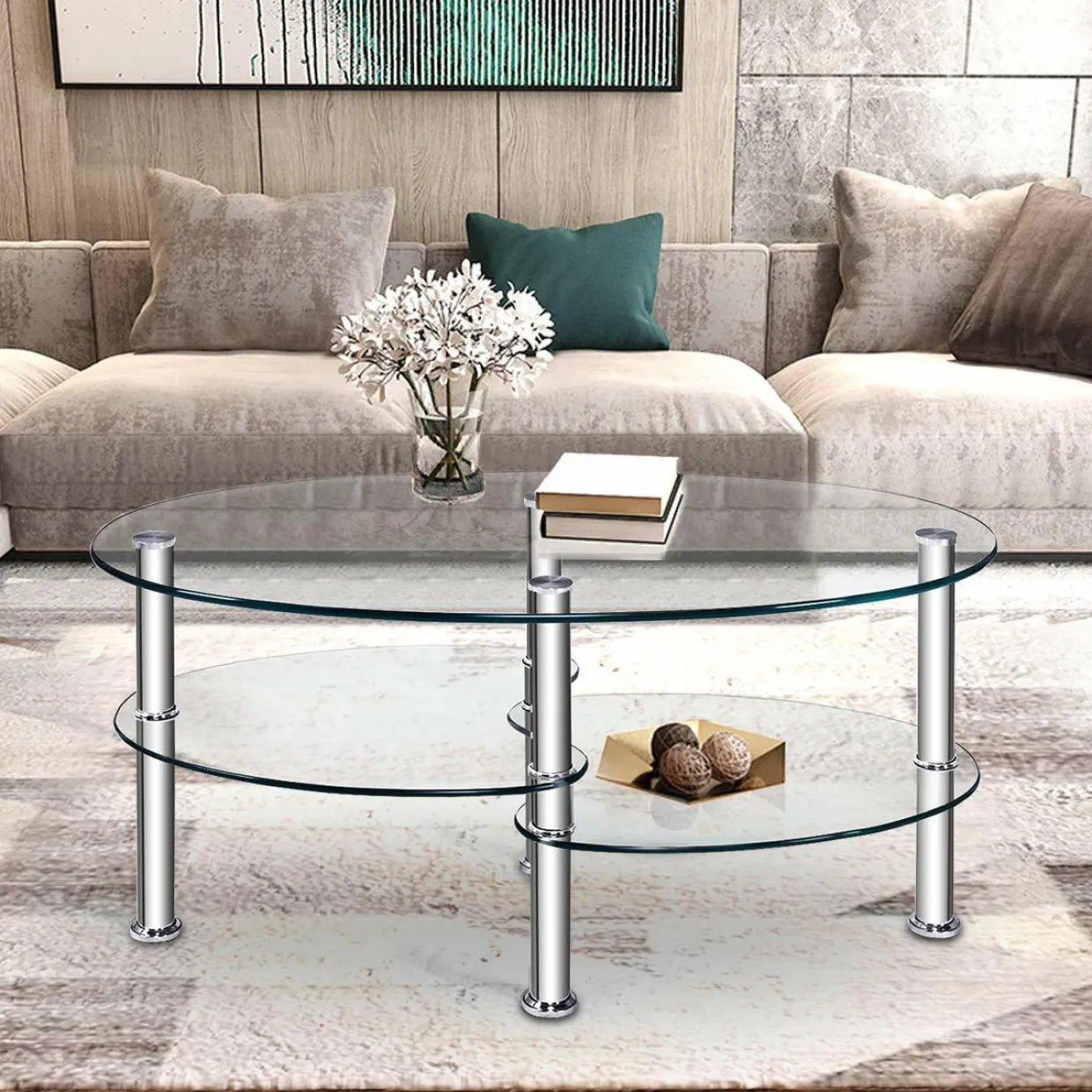 Glass Coffee Table, 2-Tier Modern Oval Smooth Glass Tea Table End Table