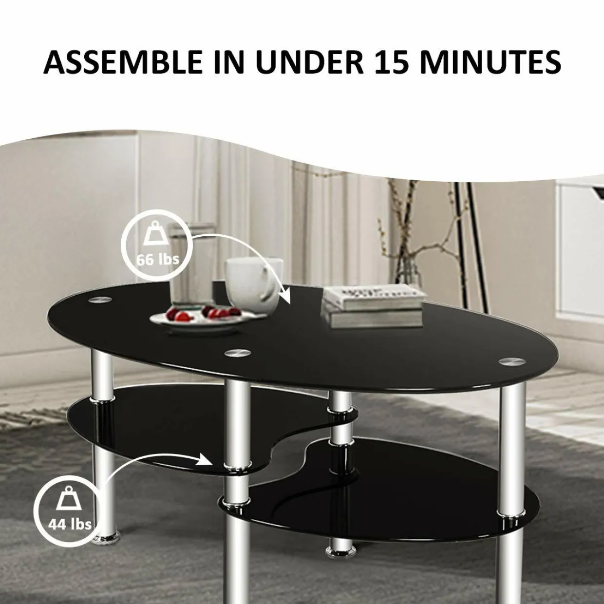 Glass Coffee Table, 2-Tier Modern Oval Smooth Glass Tea Table End Table
